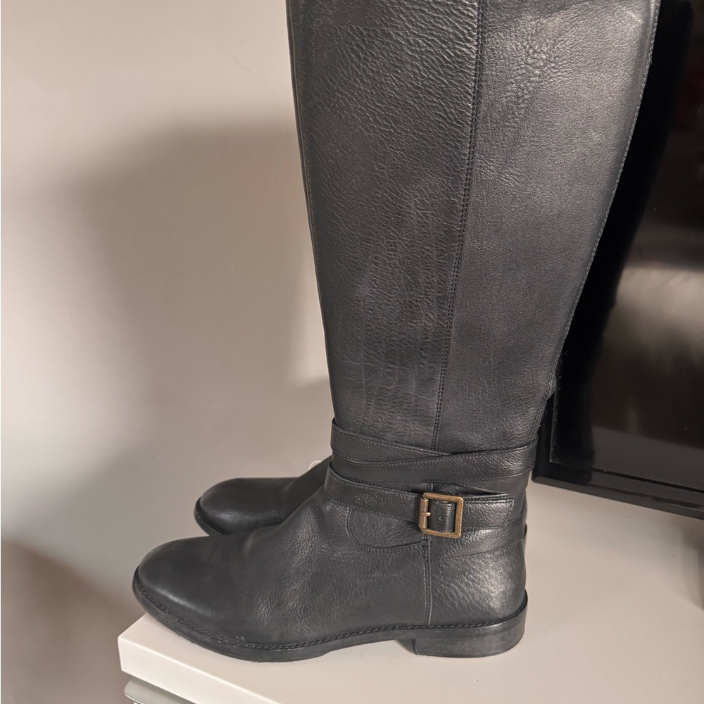 Black Leather Sam Edelman Knee-High Riding Boots with Buckle